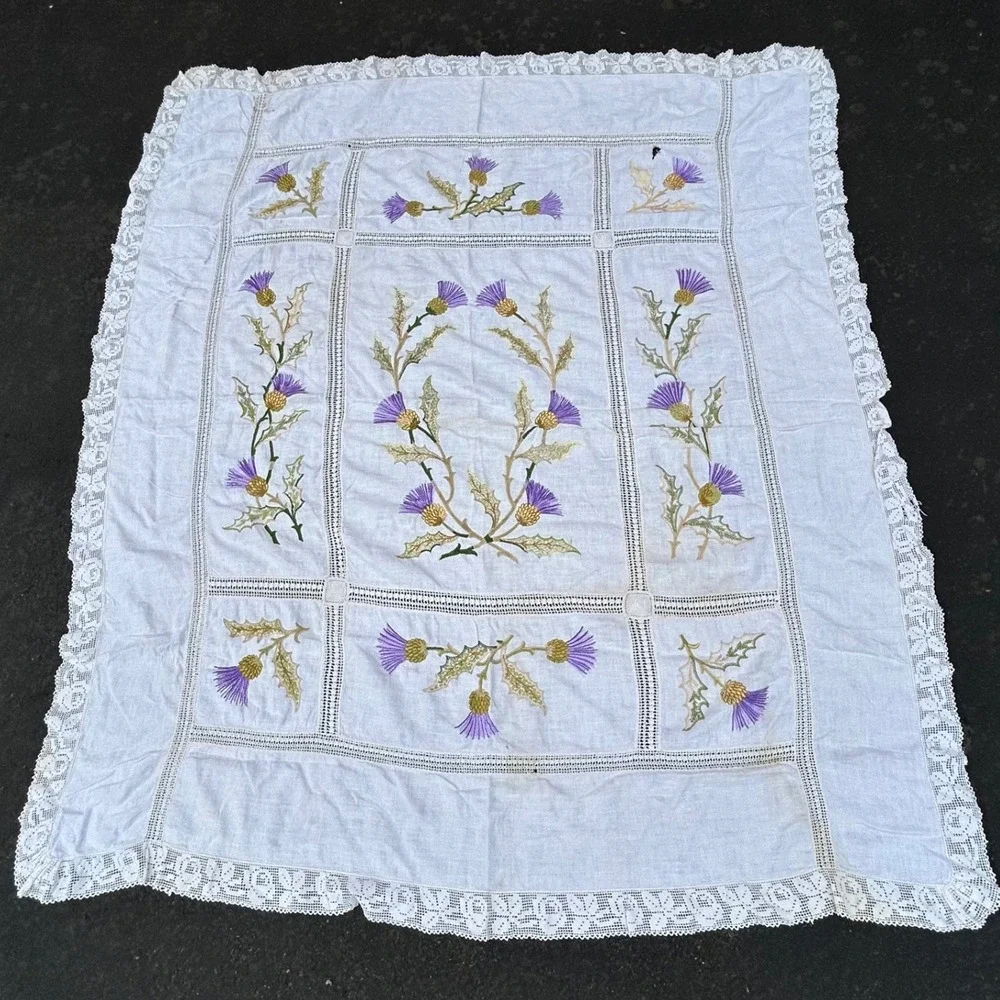 Vintage Hand Embroidered Irish Thistle Floral Table Cloth White Crochet Lace